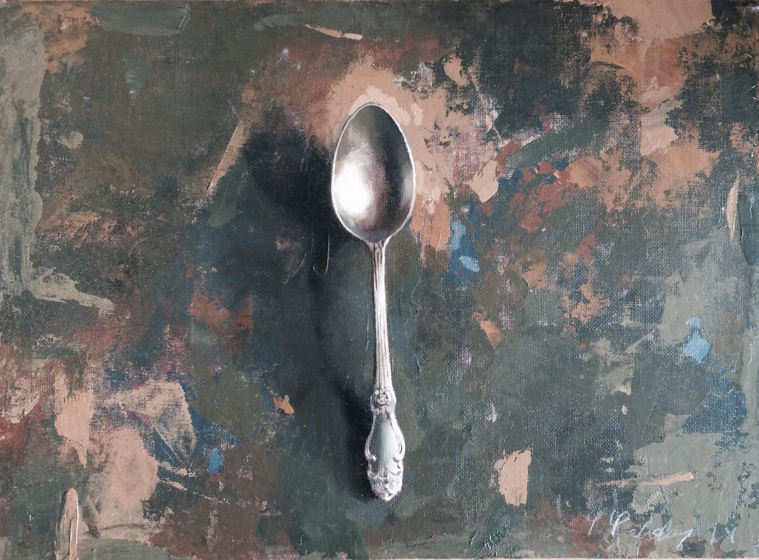 Yakov Feldman - Table spoon on a green background - Kings Gallery - Fine art - Israeli art - Israeli artist.