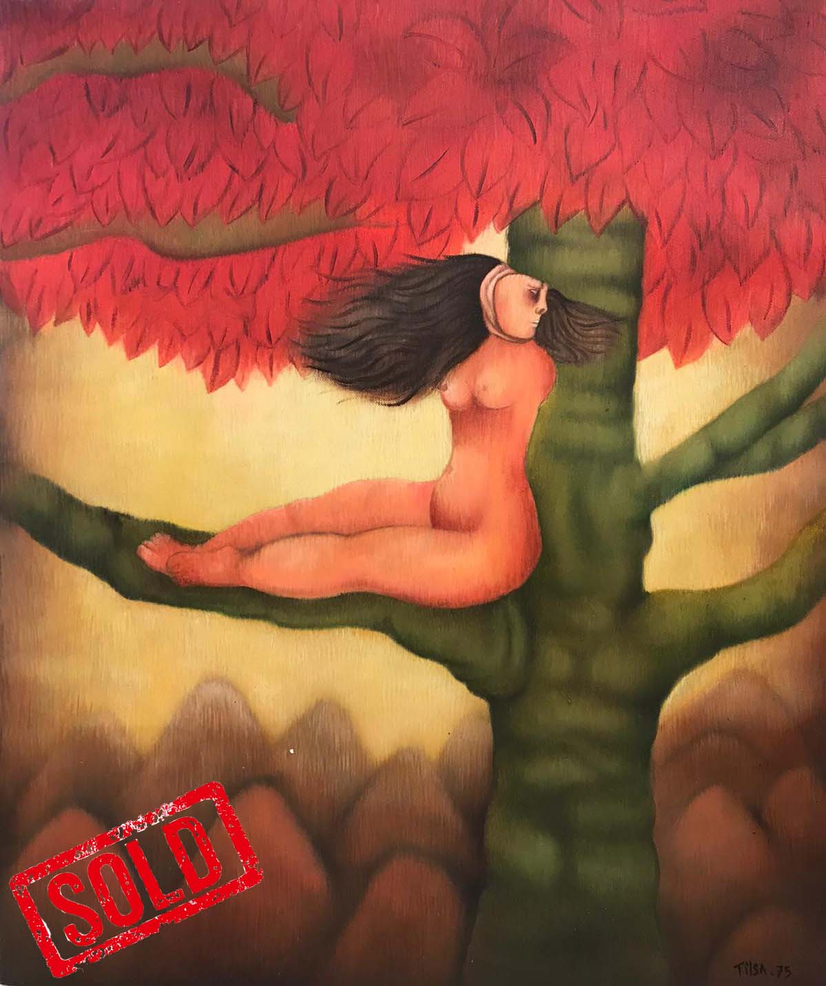 Tilsa Tsuchiya - Woman on tree - Oil on canvas - Sold - Kings gallery - Jerusalem - International art - International artist.