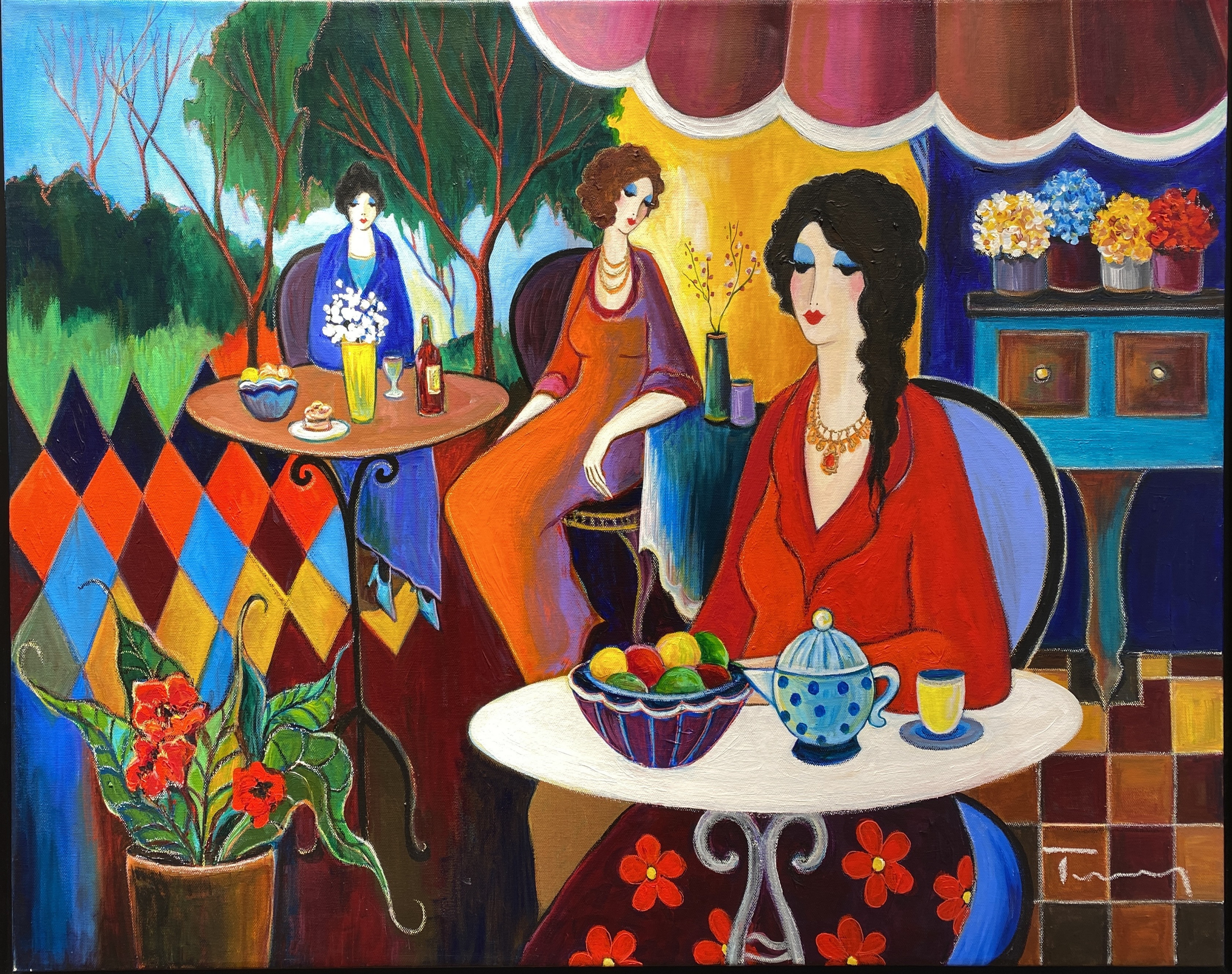 Itzchak Tarkay - Women in the coffee shop - Kings Gallery - Jerusalem - Fine art - Israeli artist - artwork.