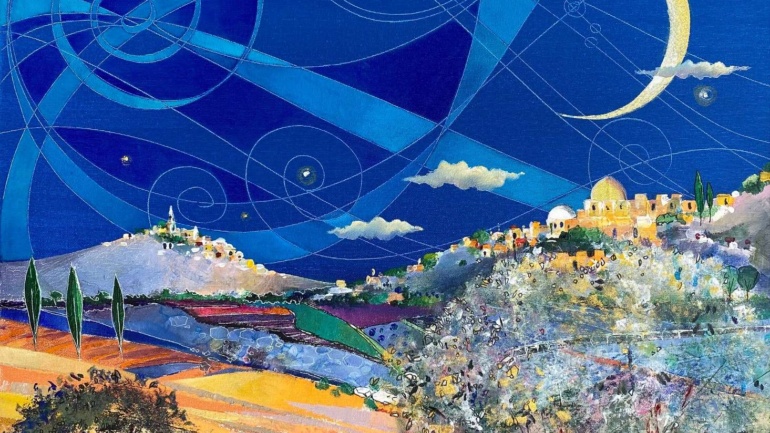 Zoe-Sever-Moon-Over-Olives-Jerusalem-oil-and-acrylic-on-canvas-80-x-60-cm-signed-2022