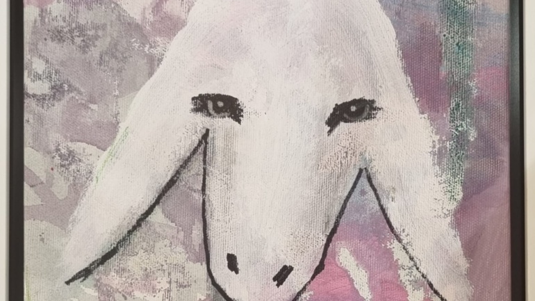 Menashe Kadishman - Sheep on pink - Acrylic on canvas - 25x25 cm