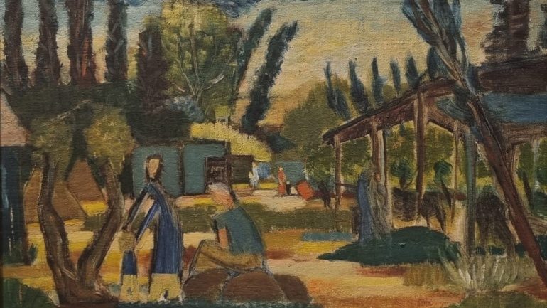 Yochanan Simon - Kibbutz Life 1949 - Oil on canvas - 30x39 cm