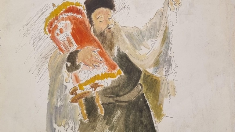 Chassid with Sefer Torah By Zvi Malnovitzer Pen and gouache on paper, 41×33 cm