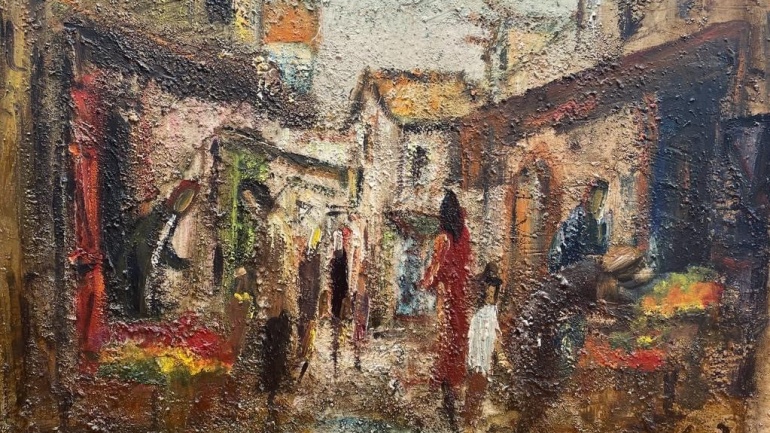 Mea Shearim Market by the artist Zvi Raphaeli oil on canvas 61X91 cm