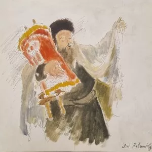 Zvi Malnovitzer Chassid With Sefer Torah Pen And Gouache On Paper 41x33 Cm 1