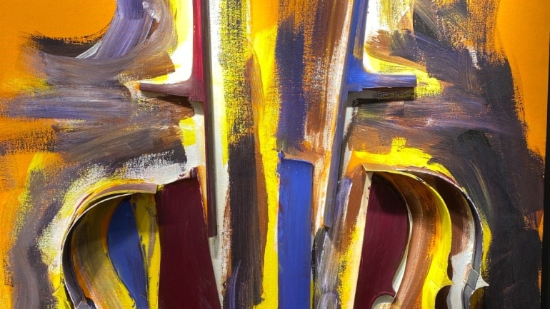 Arman - Serious Paintings II - Sliced cello with acrylic on canavs - 165.1x106.1x11.4 cm