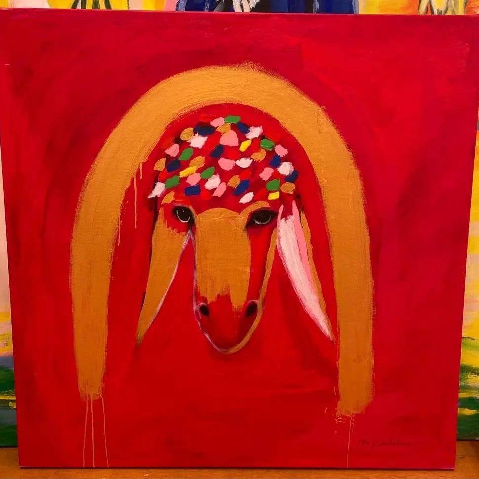 enashe Kadishman - Red sheep - acrylic on canvas - 120X120 cm