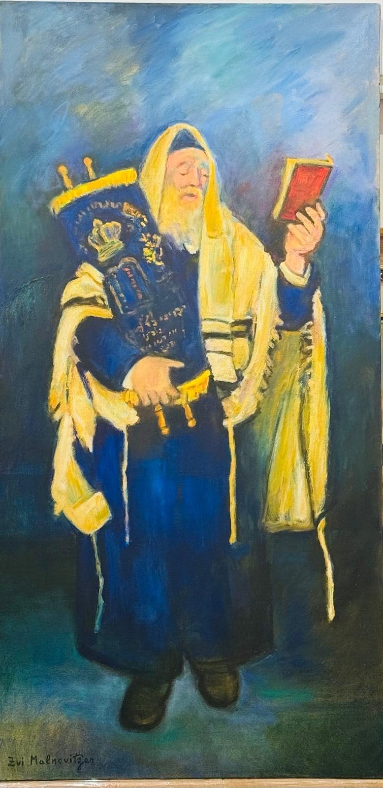 Zvi Malnovitzer - Chassid holding Torah scroll - Oil on Canvas - 116x58.5 cm