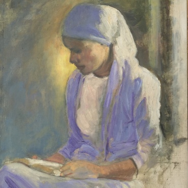 Zvi Malnovitzer, Praying Pious Woman, oil on wood, 42 X 35