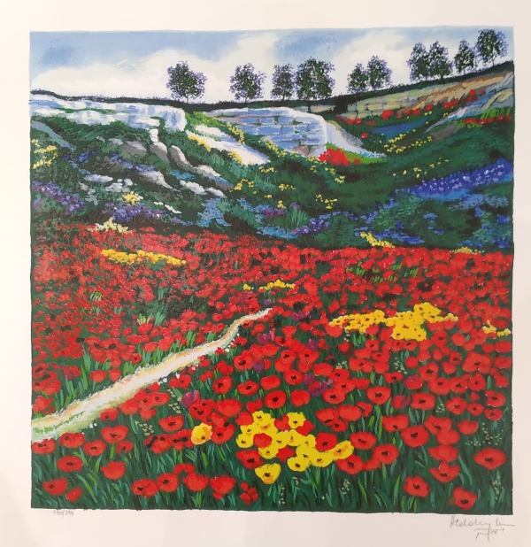 Heddy-Kun-Landscape-with-red-flowers-lithography-34-x-34-cm