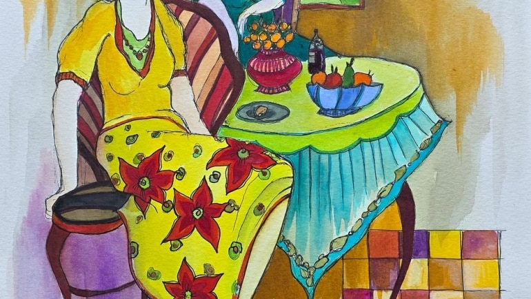 Tarkay, Itzhak - untitled, women at tea time - watercolor on paper - 41 x 30 cm.