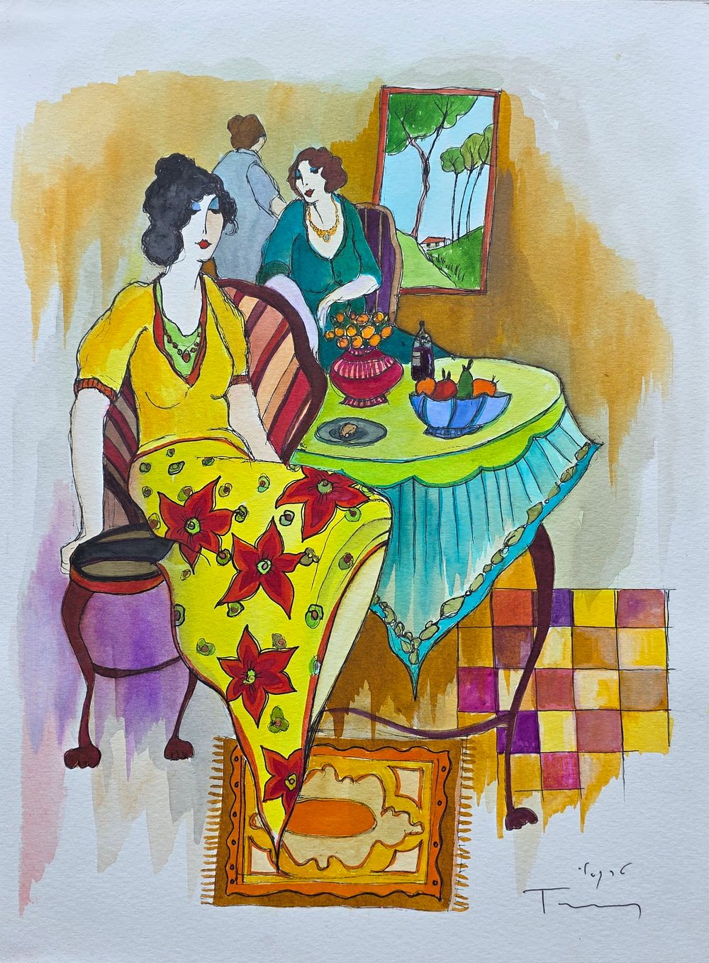Tarkay, Itzhak - untitled, women at tea time - watercolor on paper - 41 x 30 cm.