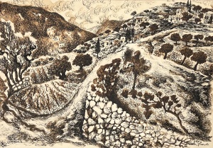 Baruch-Nachshon-Hebron-pen-gouache-and-coffee-on-canvas-33-X-47-cm.j