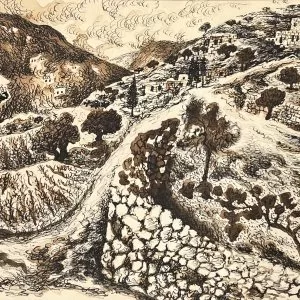 Baruch-Nachshon-Hebron-pen-gouache-and-coffee-on-canvas-33-X-47-cm.j