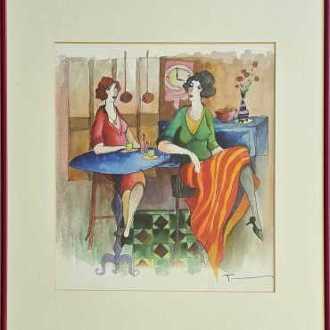 Itzhak-Tarkay-Two-Ladies-a-Wall-Clock-watercolor-on-paper-29-x-24-cm.