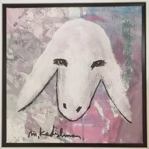 Menashe-Kadishman-Sheep-on-pink-Acrylic-on-canvas-25x25-cm-.