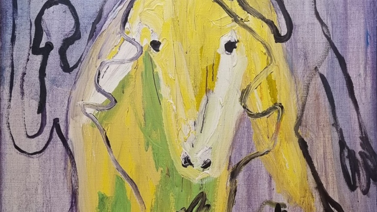 Menashe-Kadishman-Homage-to-Picassos-dancers-Acrylic-on-canvas-109x98-cm.j