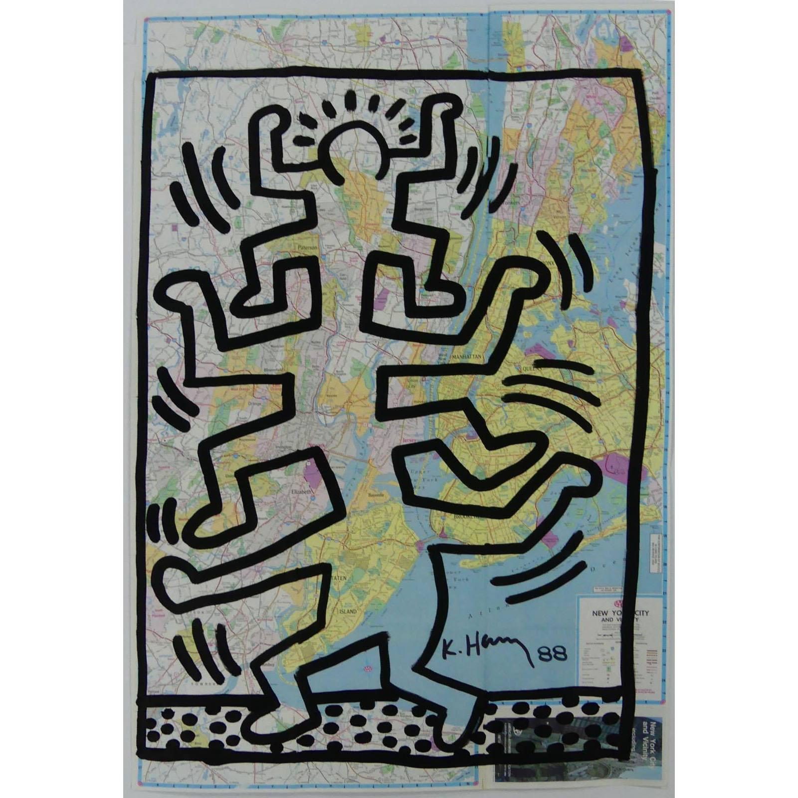 Ink Drawing on New York City Map by Keith Haring